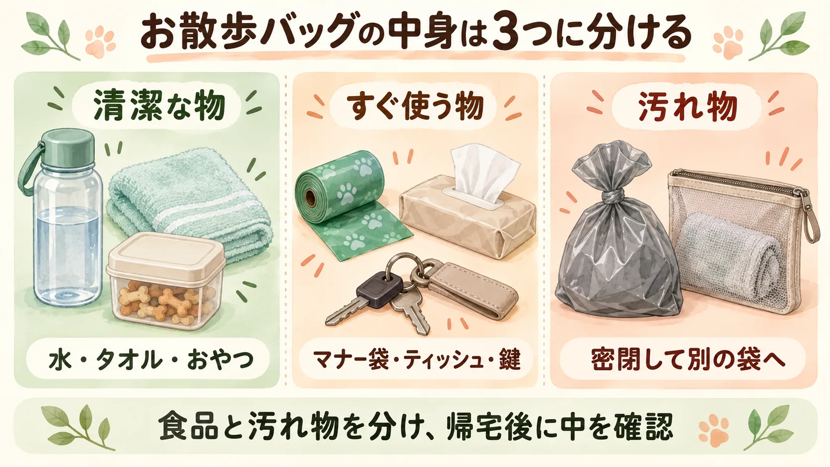 清潔な物・すぐ使う物・汚れ物を別々に分ける、お散歩バッグの収納例の図解