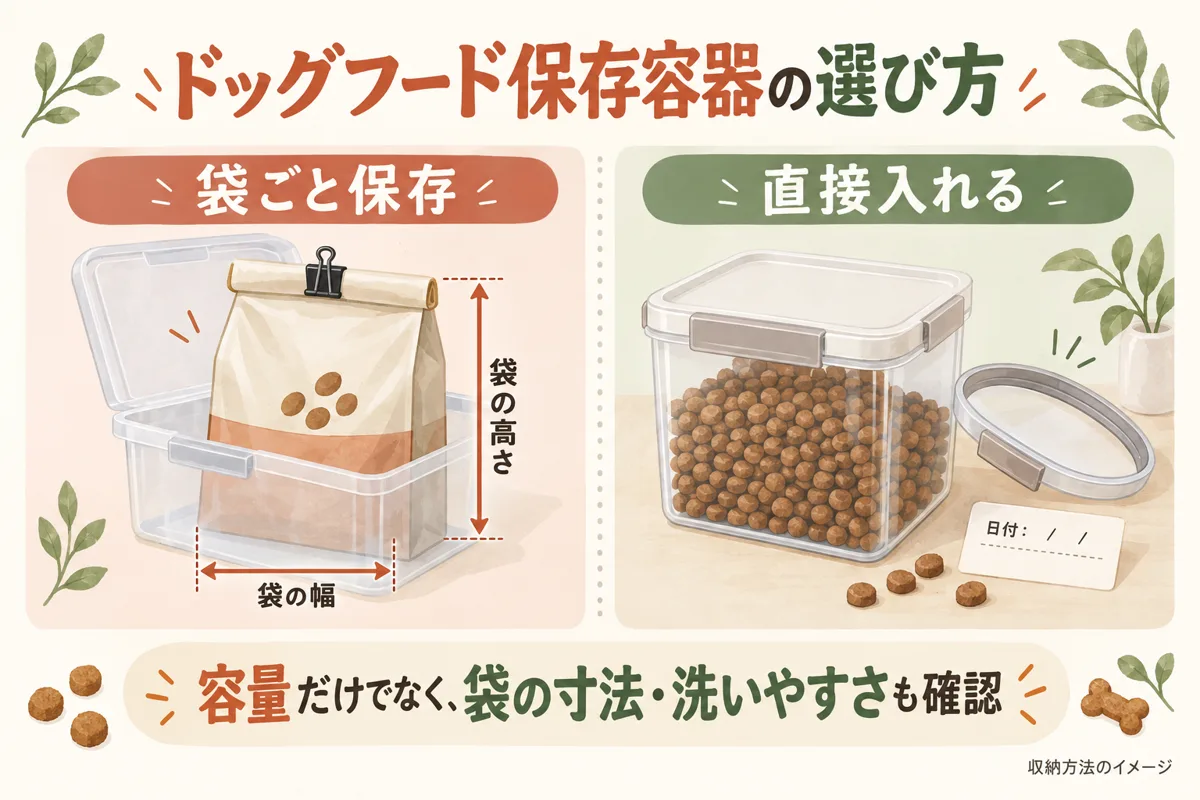 袋ごと保存と直接入れる方法を比較したドッグフード保存容器選びの図解