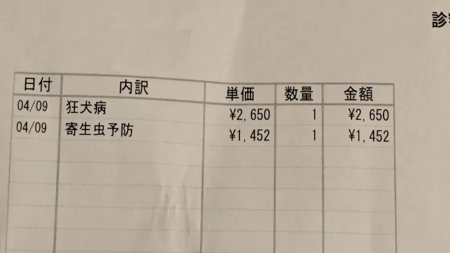 動物病院の領収書（寄生虫予防 1,452円）