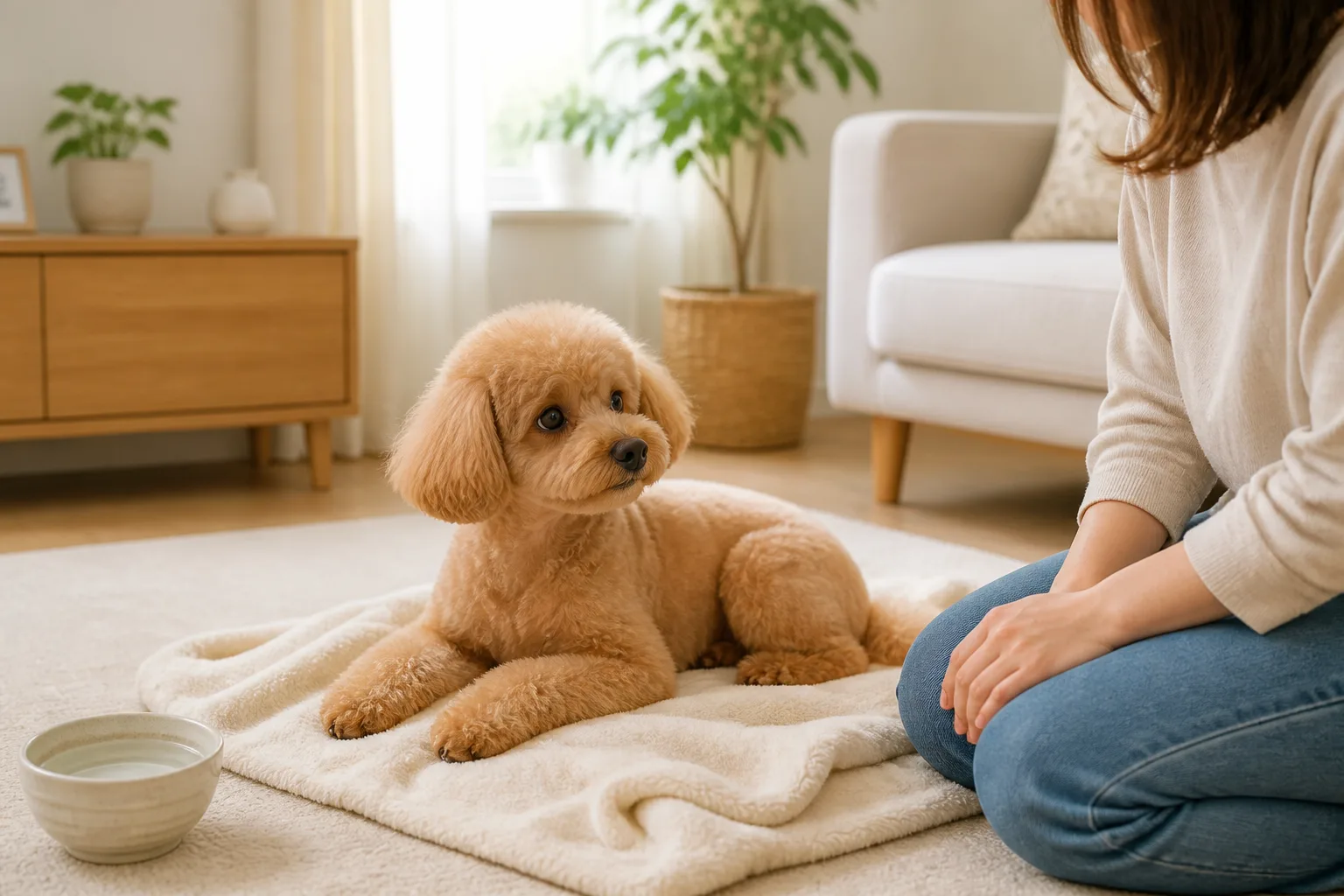 トリミング後に自宅で休みながら飼い主に反応するトイプードルの図解イメージ