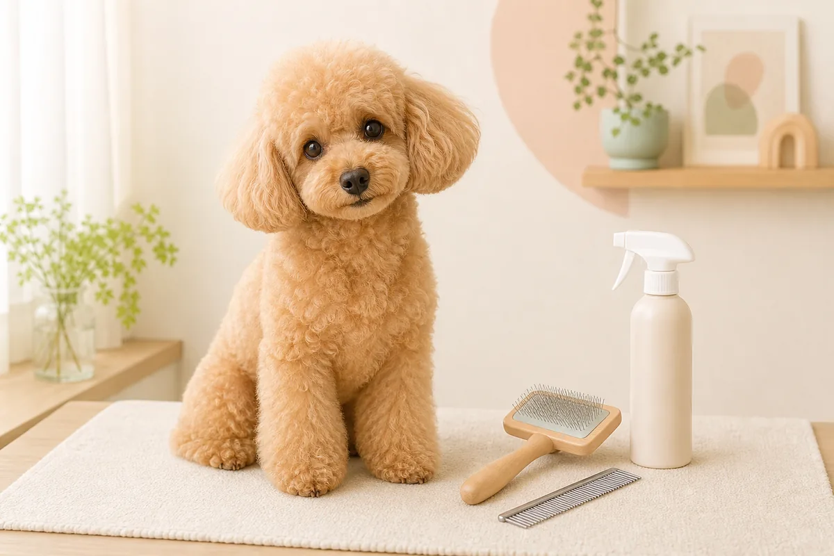 犬用ブラッシングスプレーとスリッカーブラシ、コームの横に座るトイプードルのイメージ