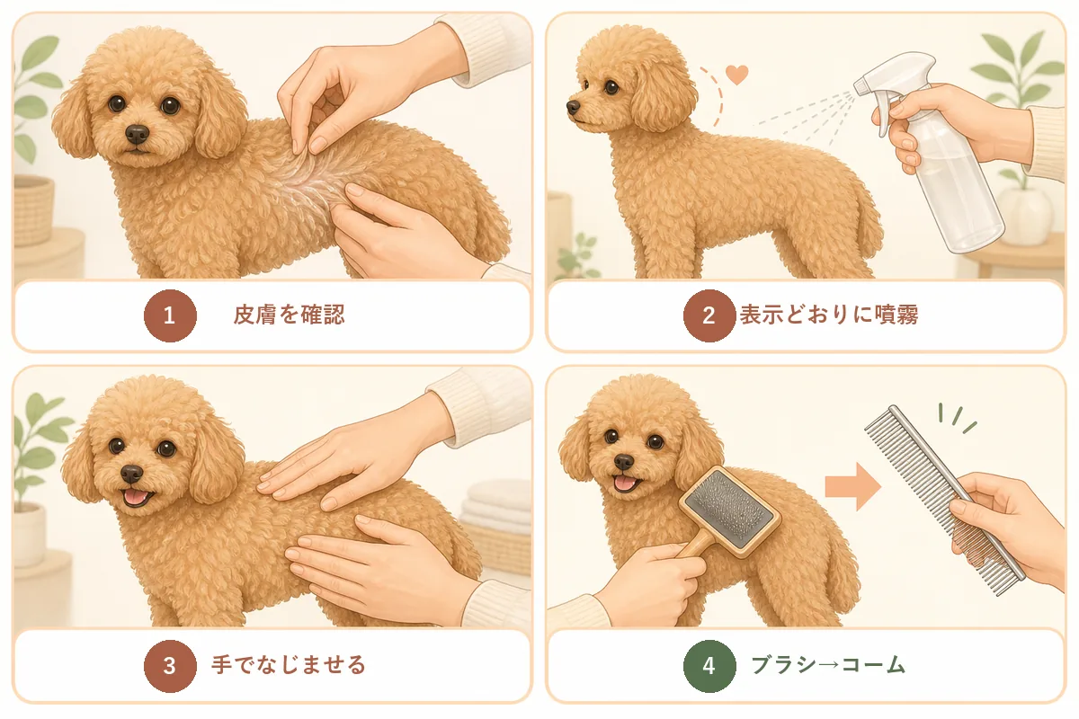 トイプードルへブラッシングスプレーを使う4ステップの図解