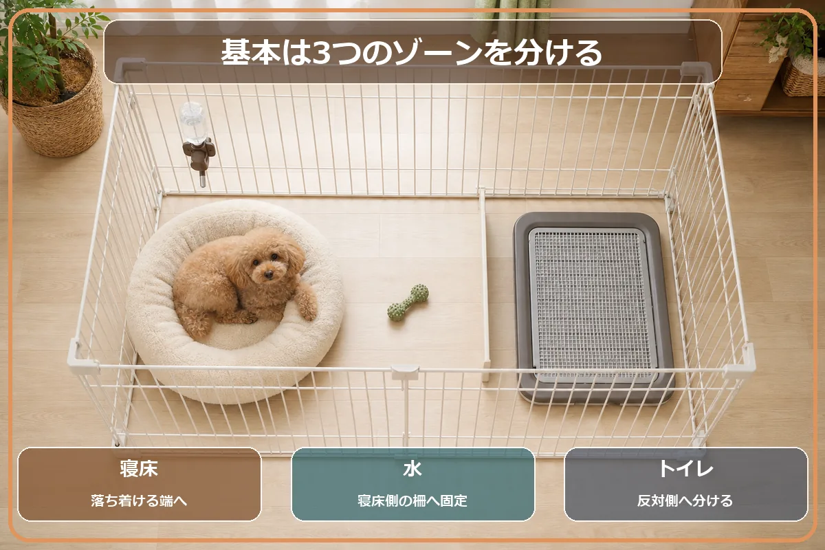 トイプードルのケージ内で寝床・飲み水・トイレを分ける基本レイアウト図解