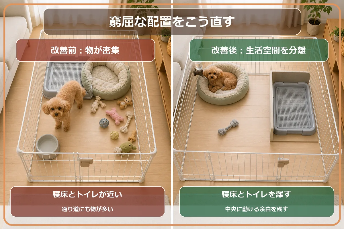 寝床とトイレが近く物が多いケージを、生活空間を分けた配置へ直す比較図解