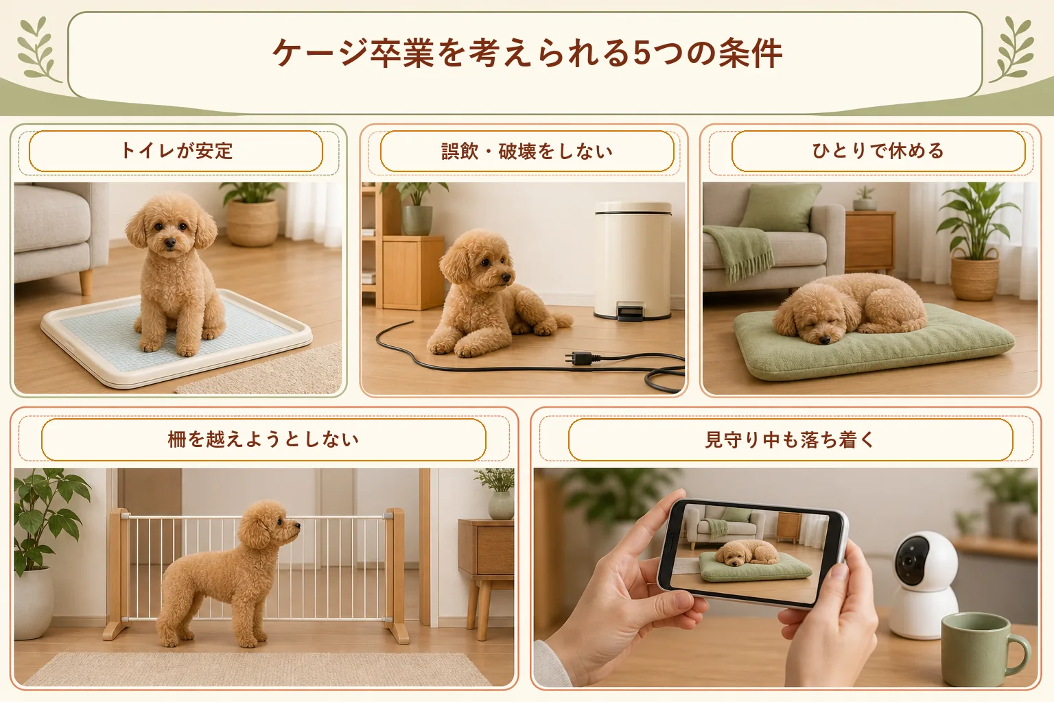 トイプードルがケージ卒業を考えられる5つの条件を示した図解