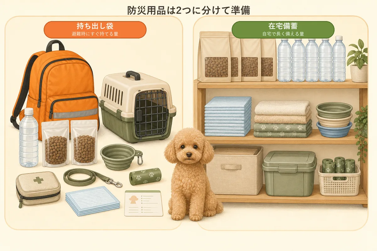 トイプードルの持ち出し袋と在宅備蓄へ分ける用品の図解