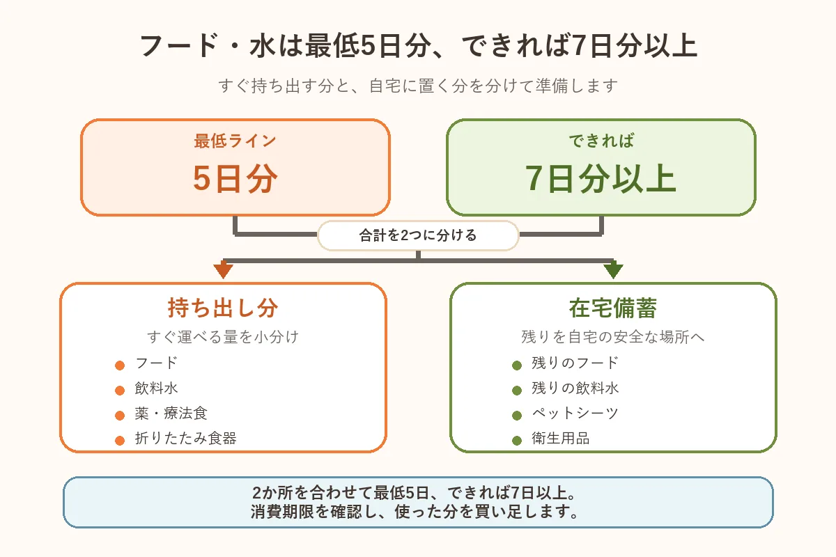 フード・水・ペットシーツを1日使用量から7日分へ計算する図解