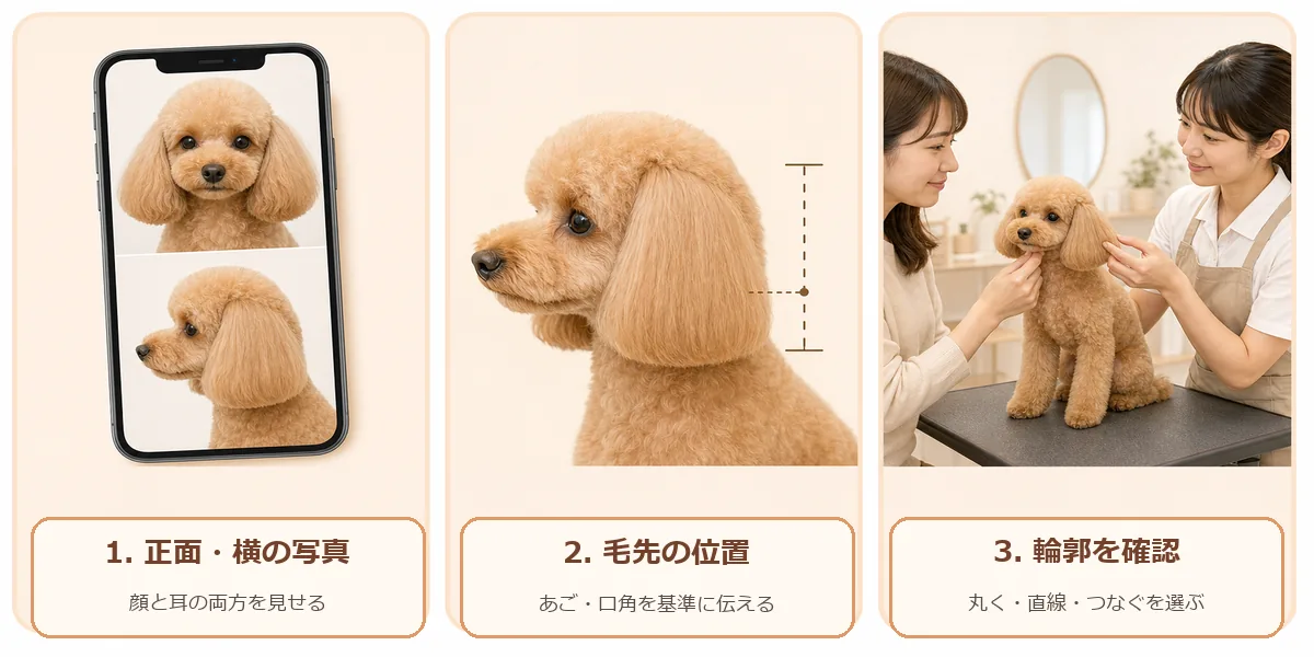 トイプードルの耳カットを写真・毛先の位置・輪郭の順で伝える3ステップ図解イメージ