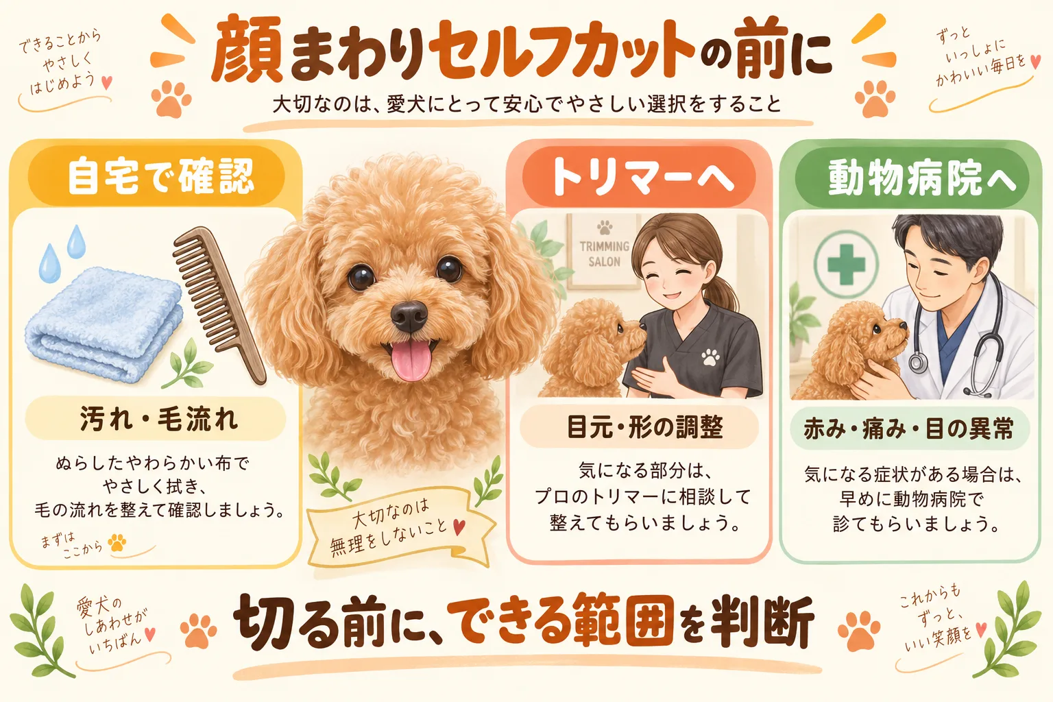 顔まわりのケアを自宅での確認・トリマーへの相談・動物病院への相談に分ける図解