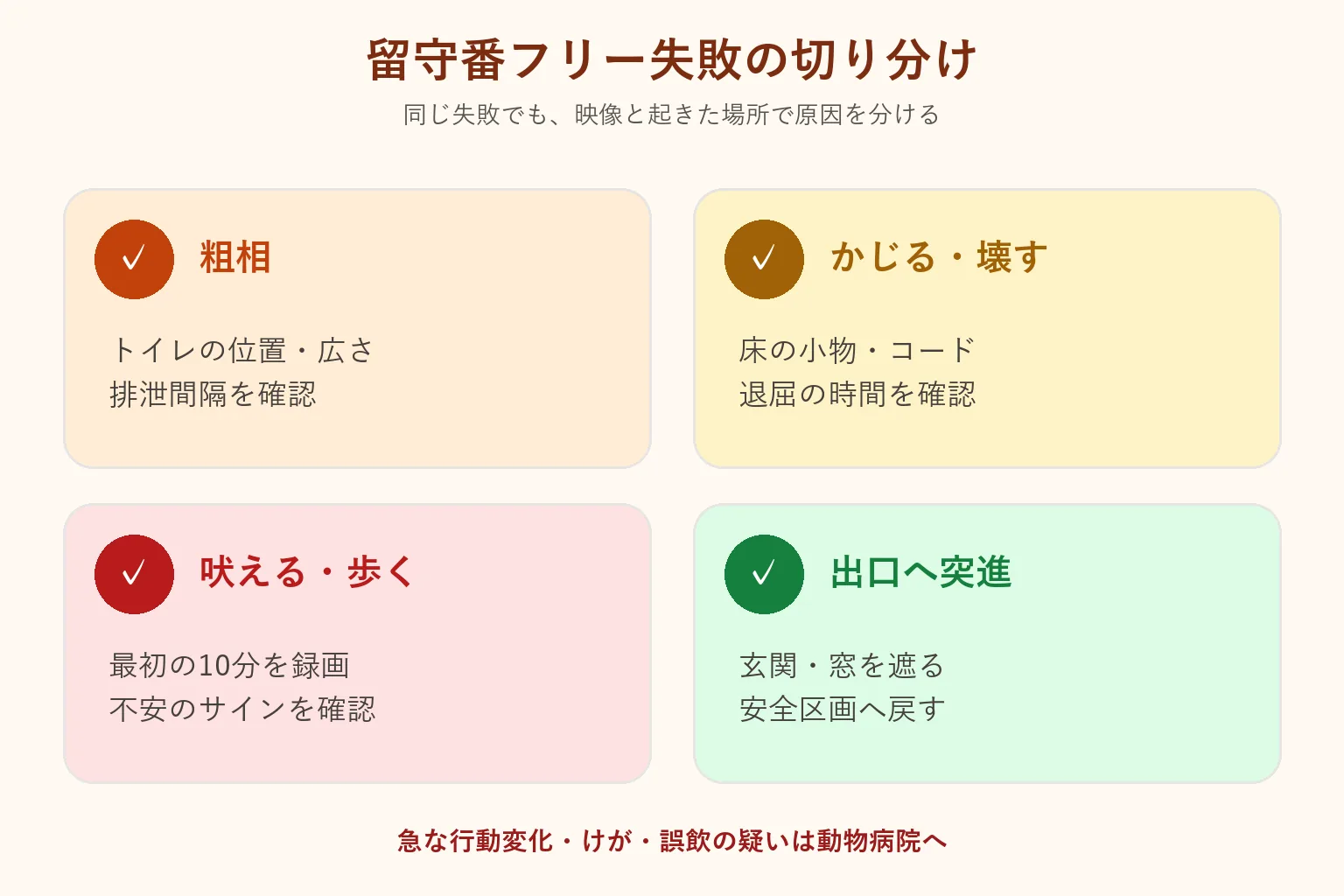 留守番フリーで起きた粗相・破壊・吠え・出口への突進を切り分ける図解