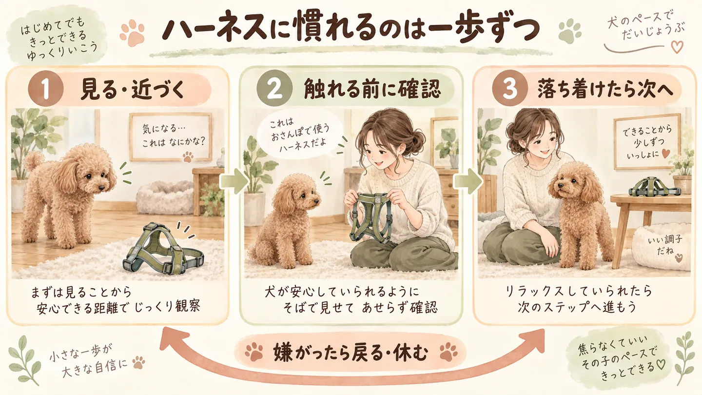 ハーネスを見て近づく段階から始め、嫌がったら戻る・休む進め方を示す生成図解
