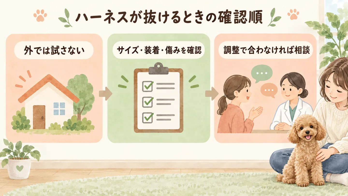 ハーネスが抜けるときは外で試さず、サイズ・装着・傷みの確認から相談へ進む生成図解