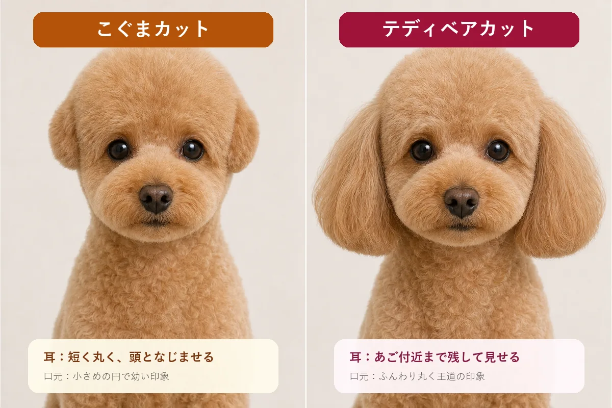 こぐまカットとテディベアカットの耳・口元を並べた比較図解