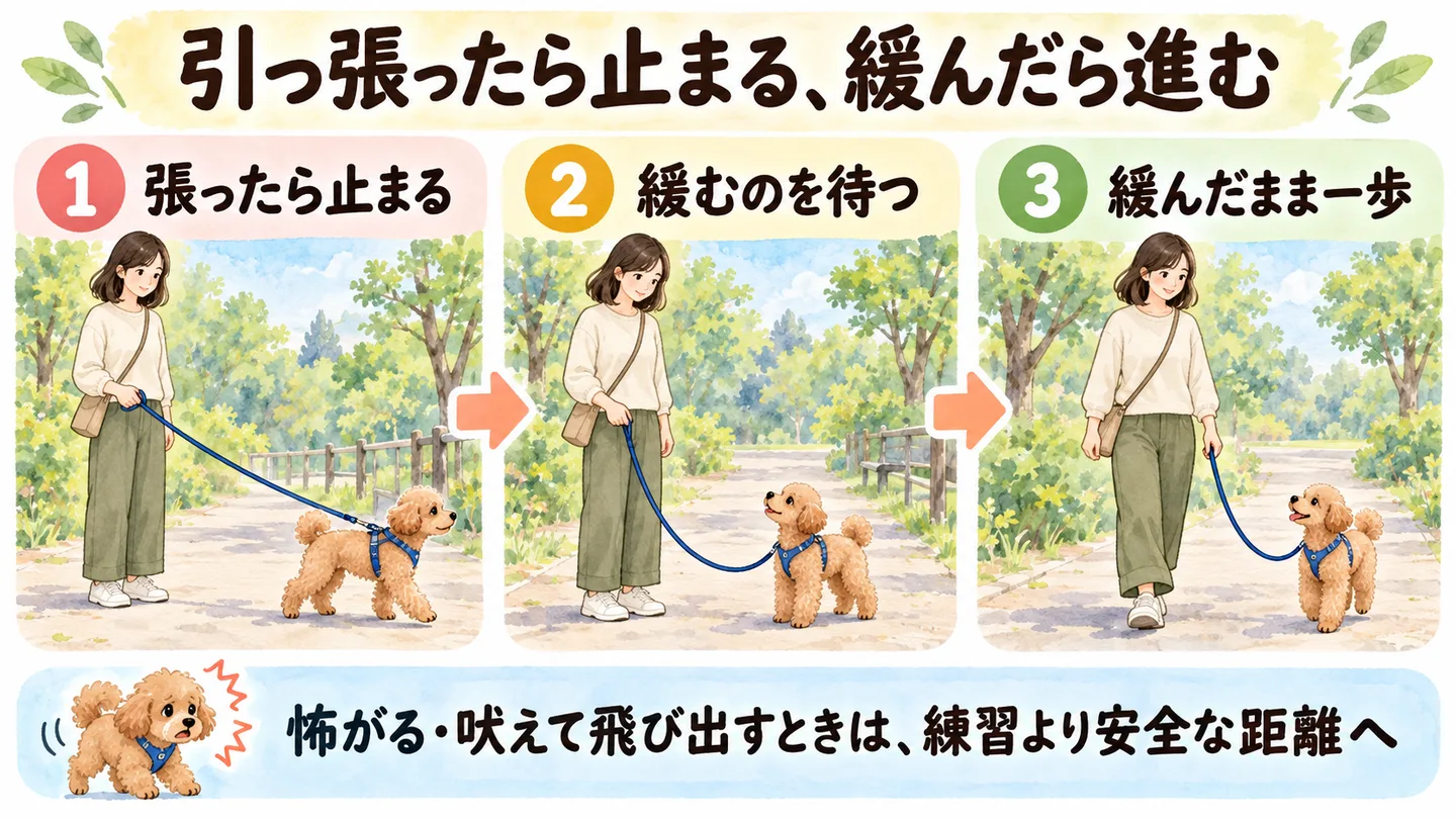リードが張ったら止まり、緩むのを待って一歩進む流れと、安全な距離を優先する例外を示す生成図解