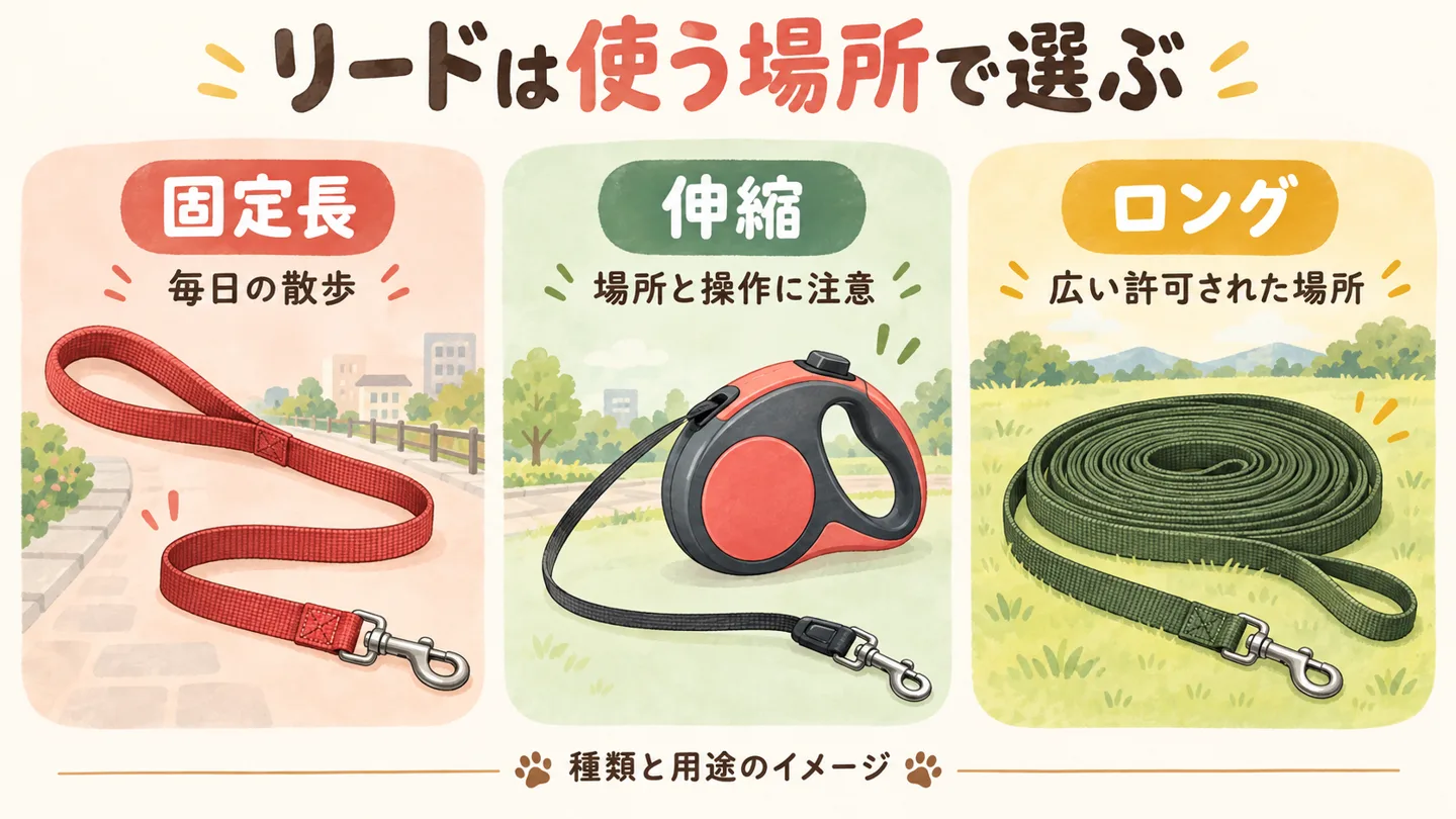 固定長は毎日の散歩、伸縮は場所と操作に注意、ロングは広い許可された場所と示した種類別の図解