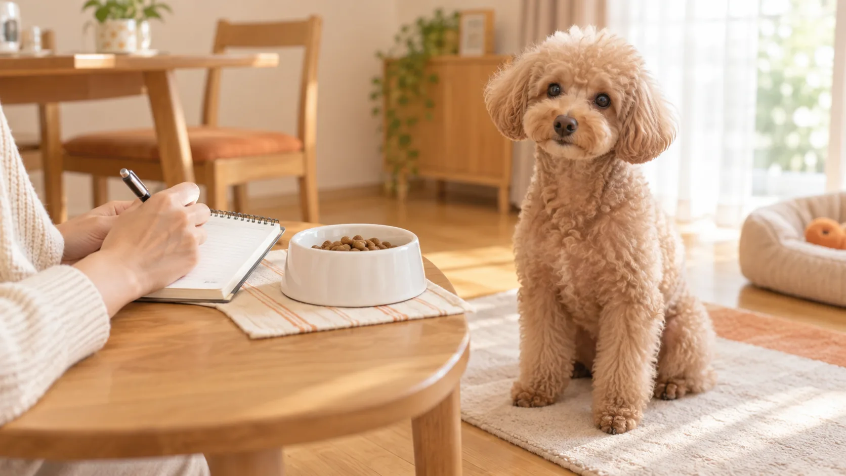 フードの器を前に食事と便の状態を記録するイメージ