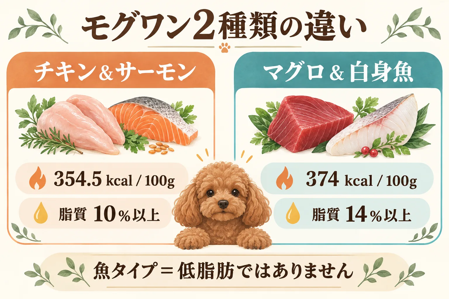 モグワン2種類のカロリーと脂質の最低保証値を比べる図解