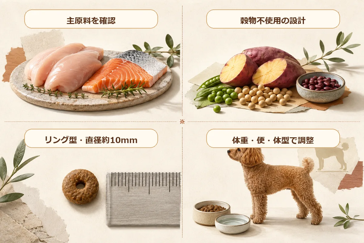 モグワンの主原料・穀物不使用・粒サイズ・体型調整を整理した図解