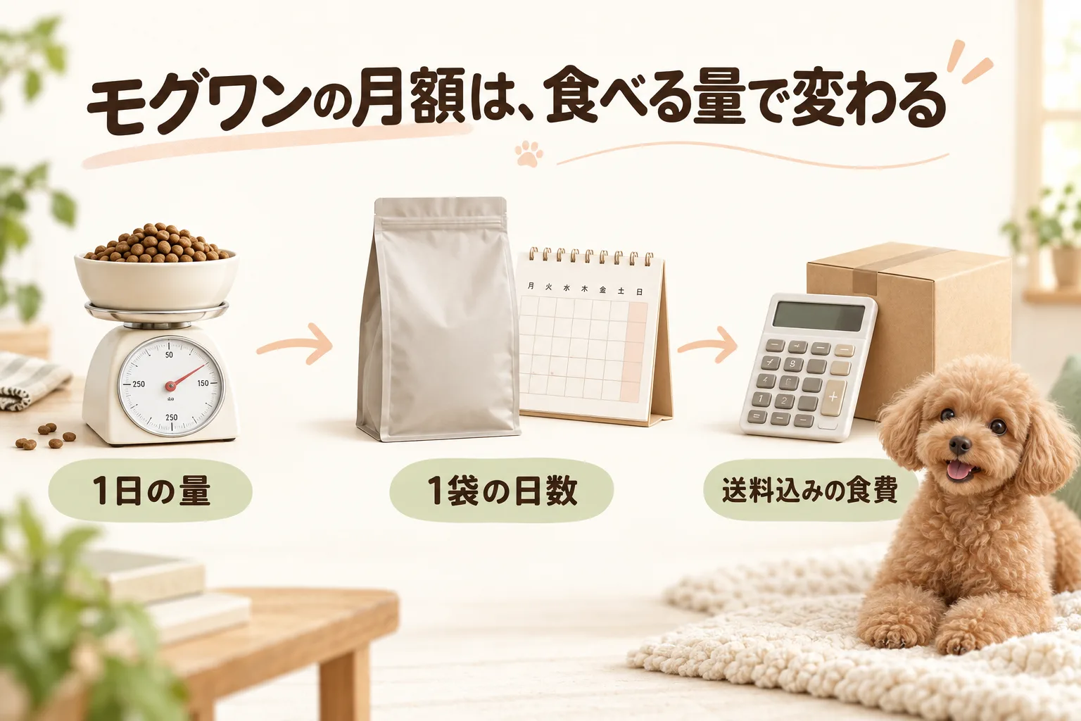 1日の量から1袋の日数と送料込みの食費を考える図解