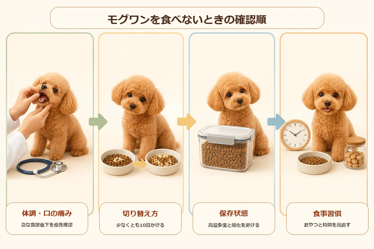 モグワンを食べないときに体調・切り替え・保存・食事習慣の順で確認する図解