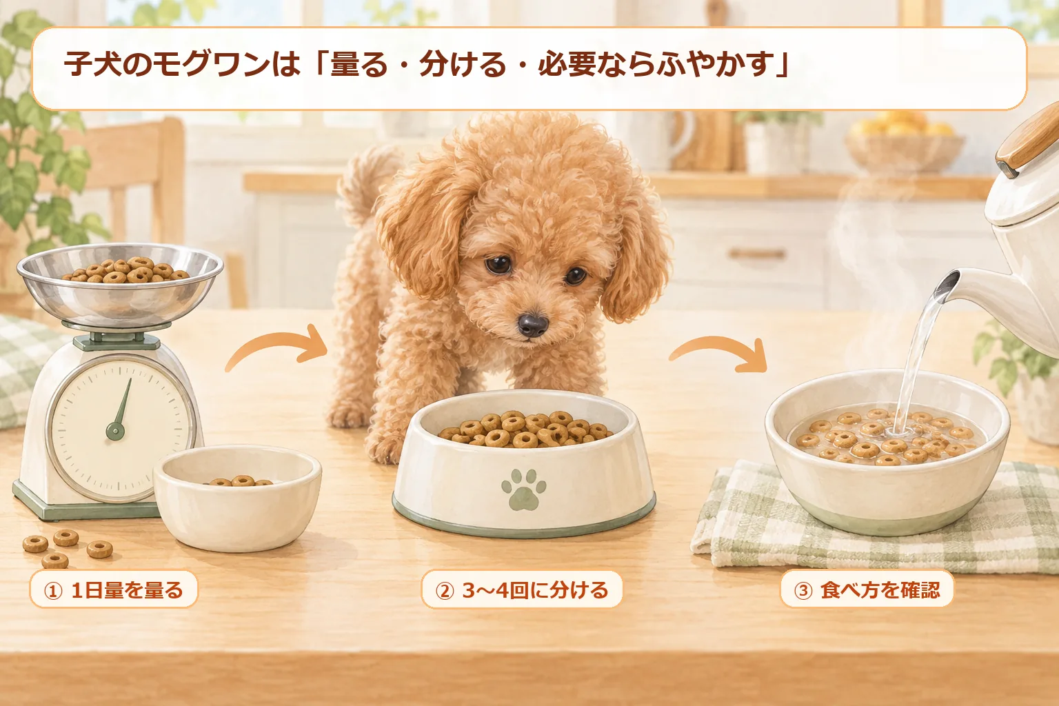 子犬のモグワンを量って分けてふやかす流れの図解