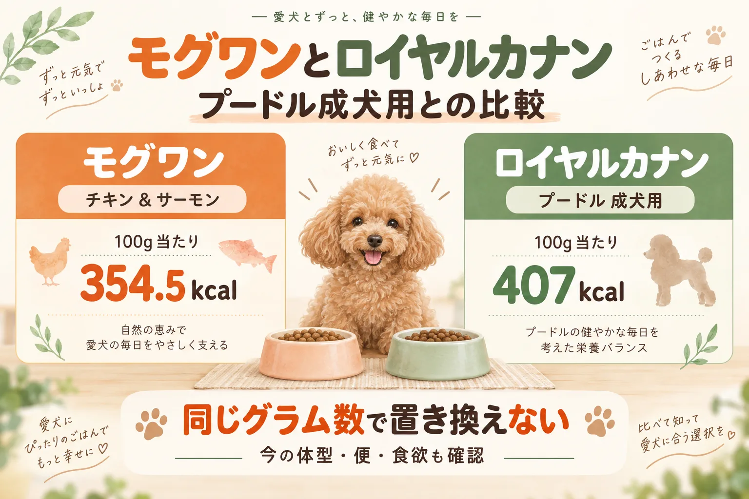 モグワンとロイヤルカナンのカロリーの違いと比較の確認点を整理した図解