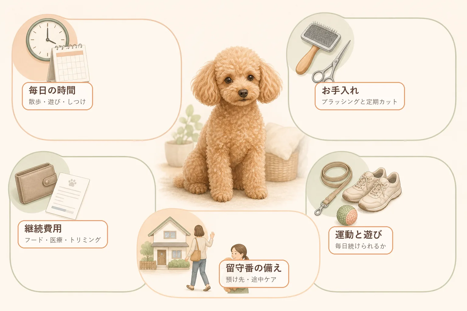 トイプードルを迎える前に確認したい毎日の時間・お手入れ・継続費用・留守番・運動の図解