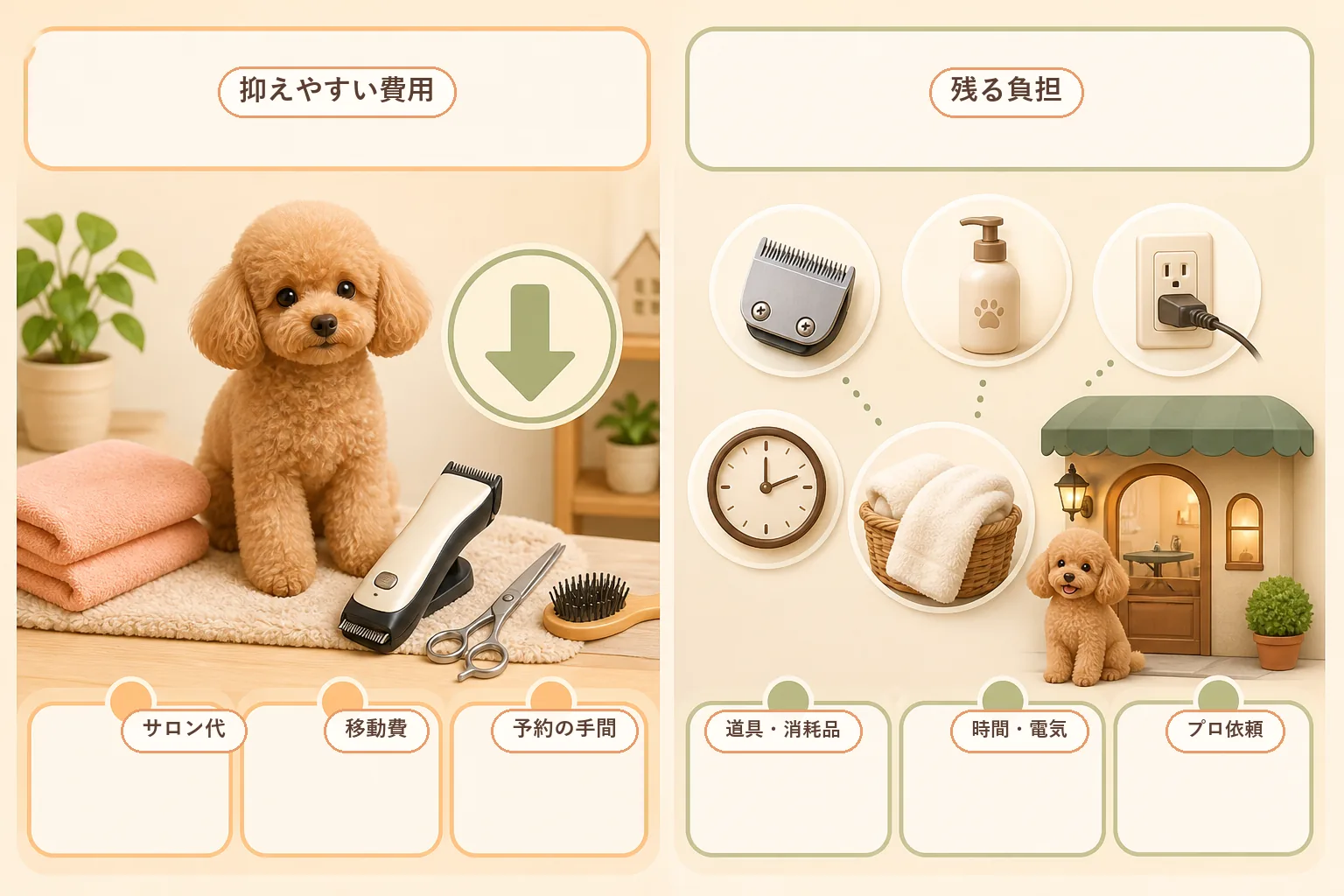 トイプードルの自宅トリミングで抑えやすい費用と残る負担を比較した図解