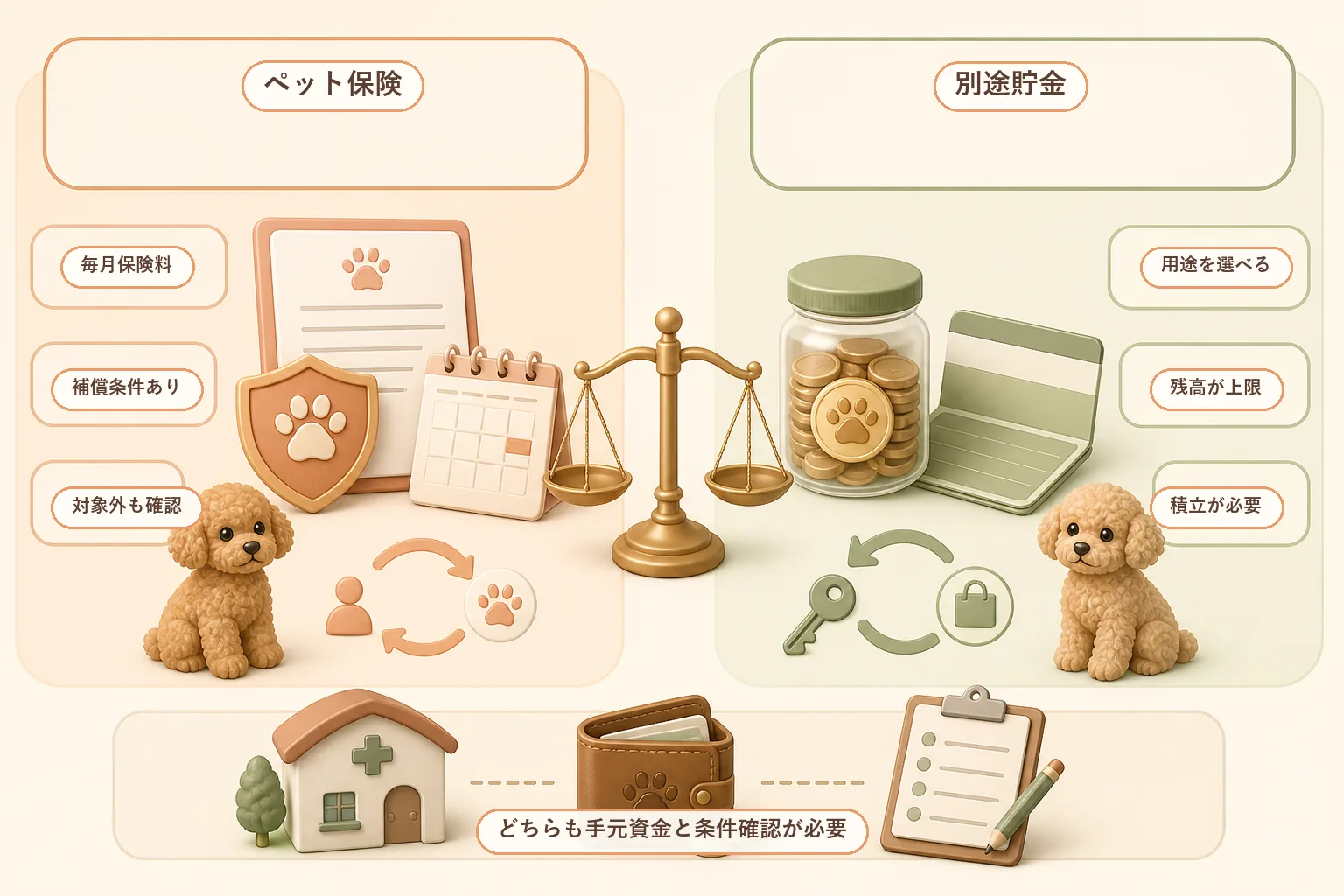 ペット保険と別途貯金の違いと共通する注意点を比較した図解