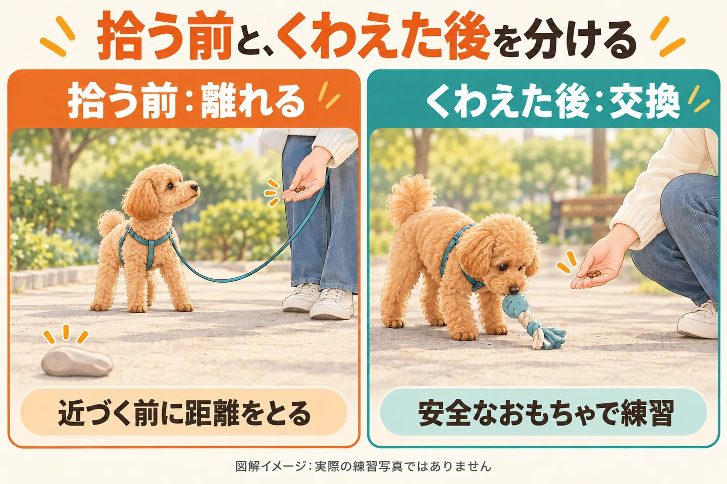 拾う前に距離を取り、くわえた後は安全なおもちゃで交換を練習する違いの図解