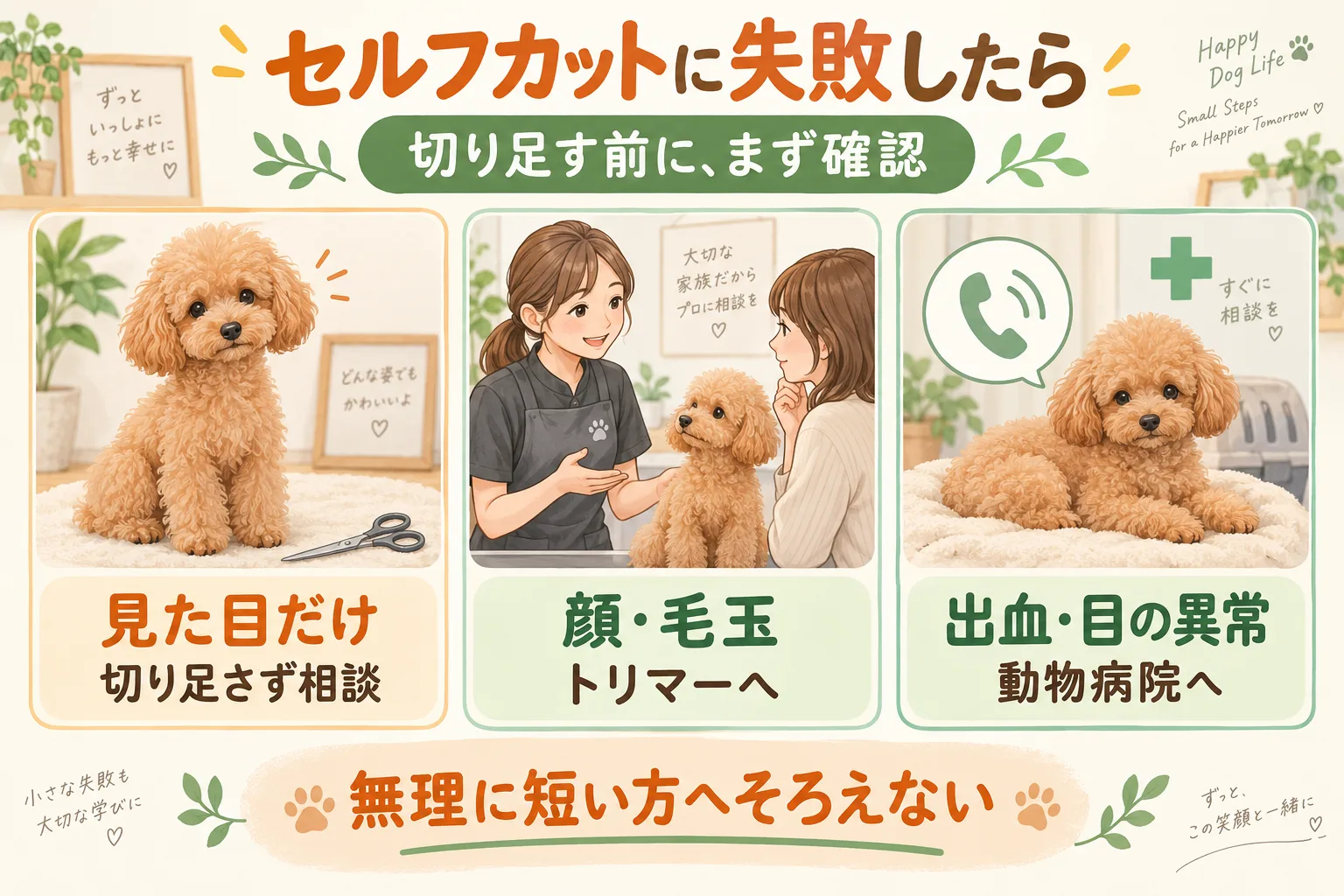 セルフカット失敗後の相談先を見た目・顔まわり・身体の異常で分ける図解