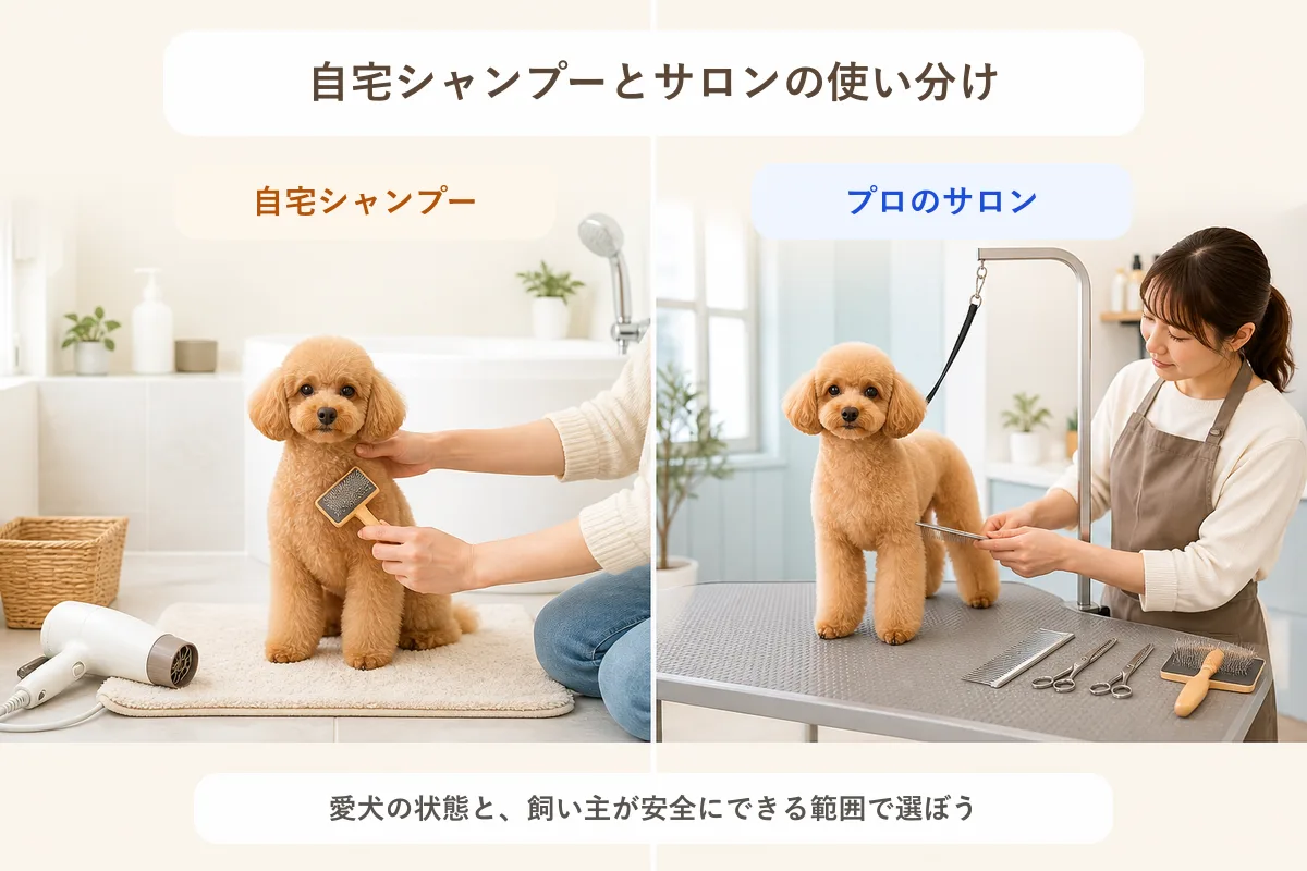 トイプードルの自宅シャンプーとプロのサロンを比較した図解