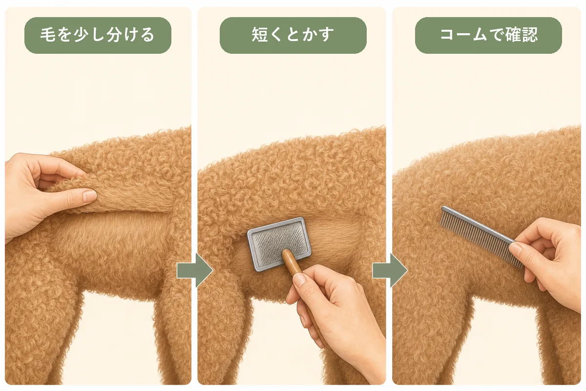 毛を分けてスリッカーでとかしコームで確認する3手順の図解