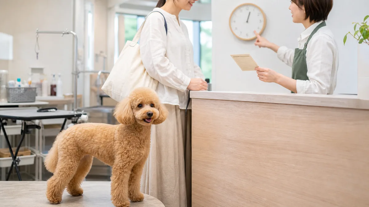 トリミングサロンの受付で時計を見ながらお迎え時間を確認する飼い主とトイプードルのイメージ