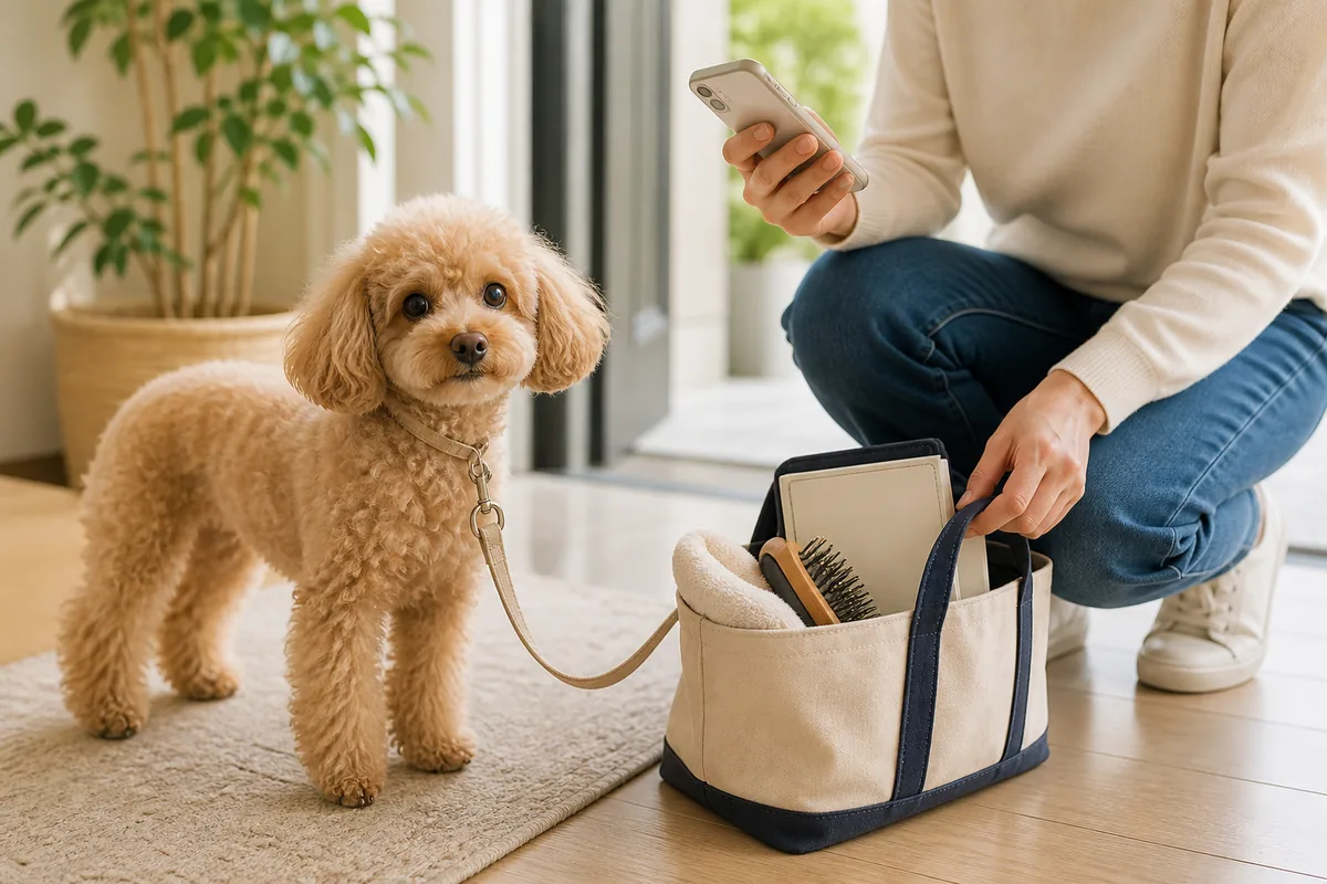 トリミングサロンへ出かける前に持ち物を確認する飼い主とトイプードルのイメージ